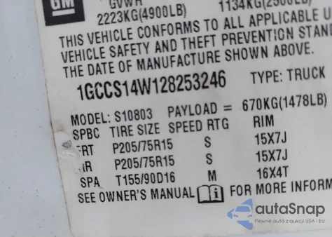 2002 Chevrolet S-10 z USA, uszkodzony, nr VIN 1GCCS14W128253246